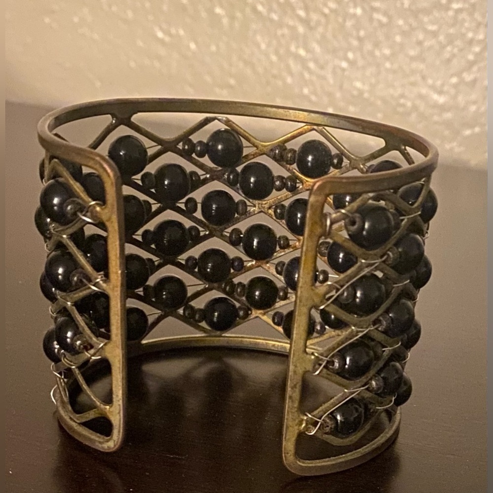 Vintage Black Beaded Cuff Bracelet Wide Metal Statement Boho Jewelry - Picture 3 of 4